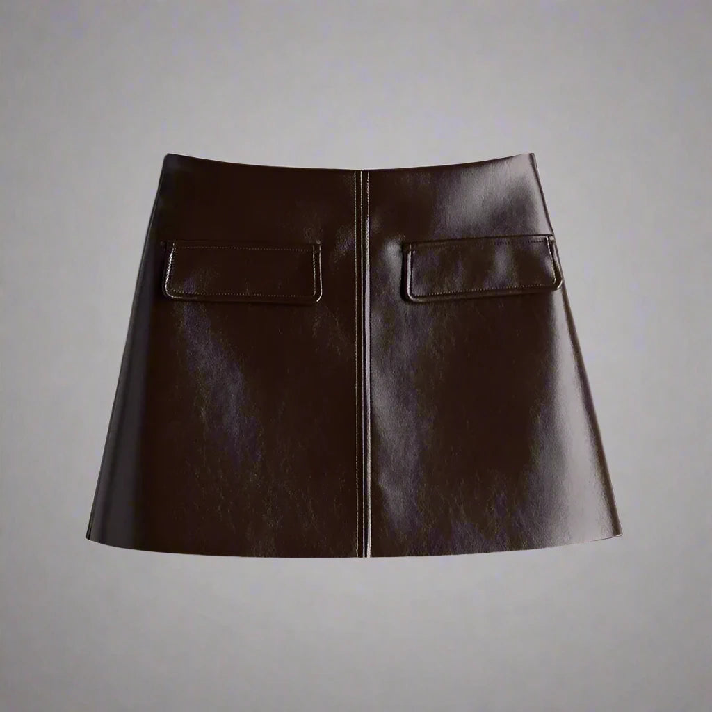 Jade PU Leather Jacket & Mini Skirt Flip Collar Set