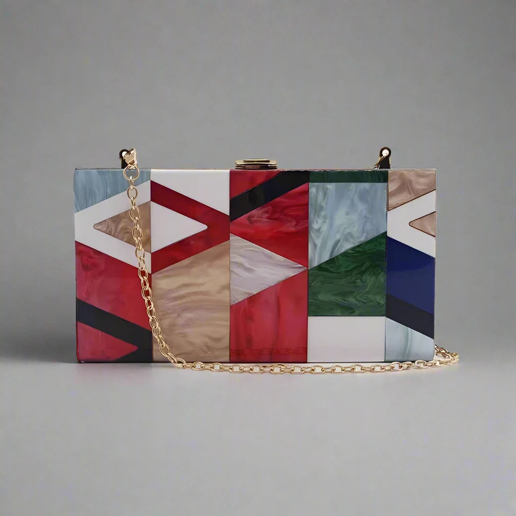 Aurora Glimmer Acrylic Clutch with Gold Chain