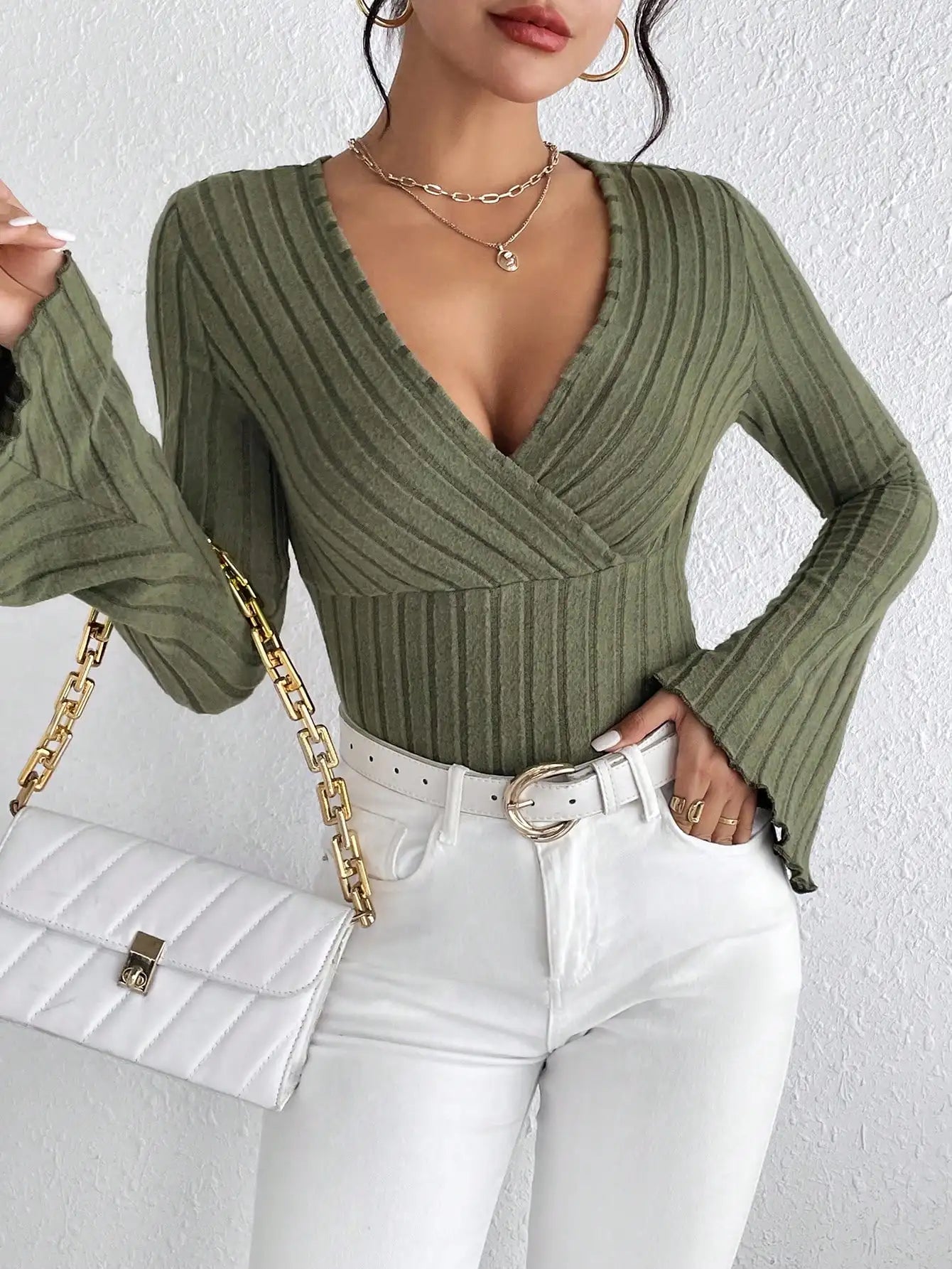 Lila Cozy V-Neck Striped Knit Top in Army Green