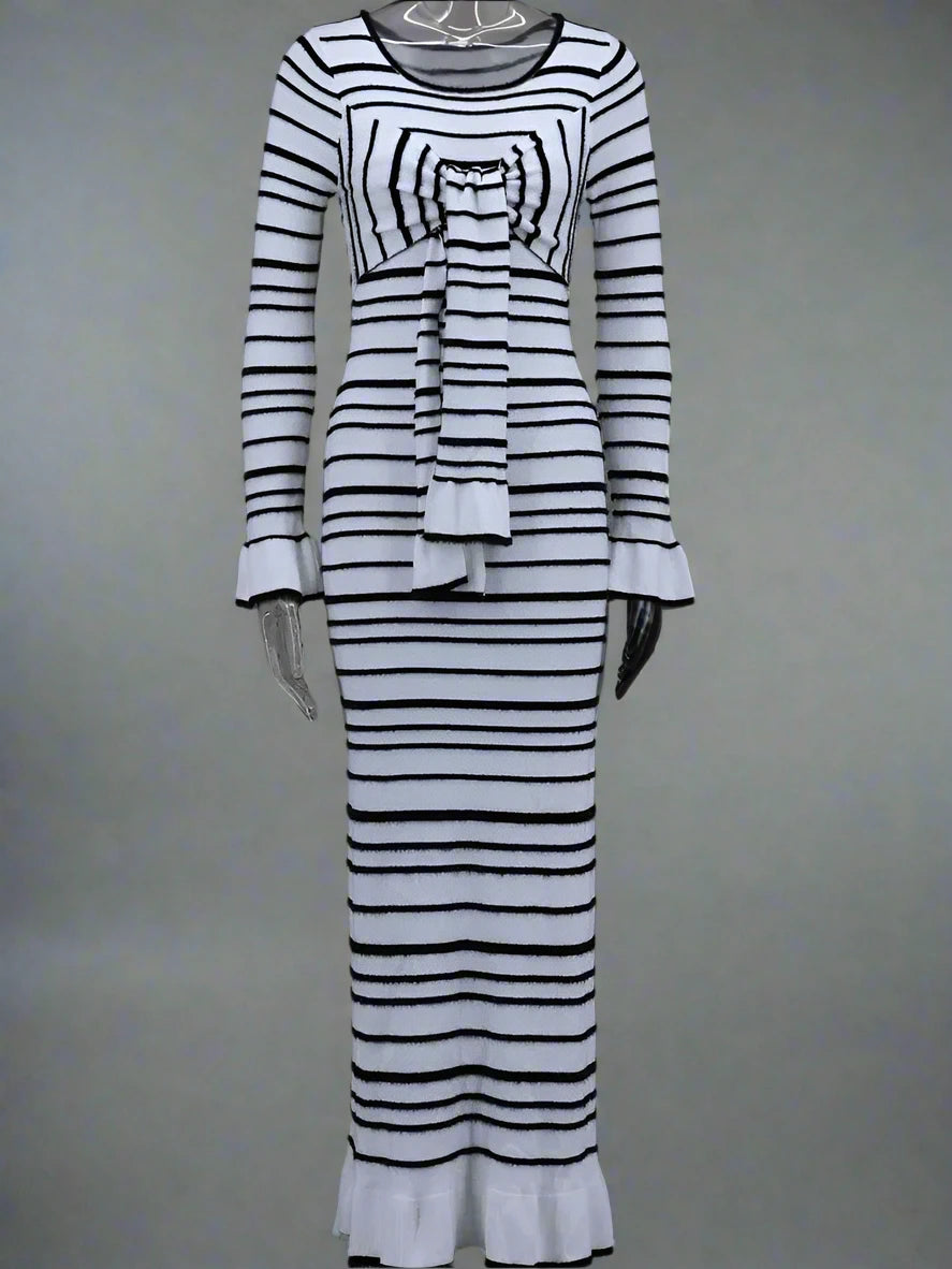 Isabella Long Sleeve Maxi Dress – White with Black Stripes