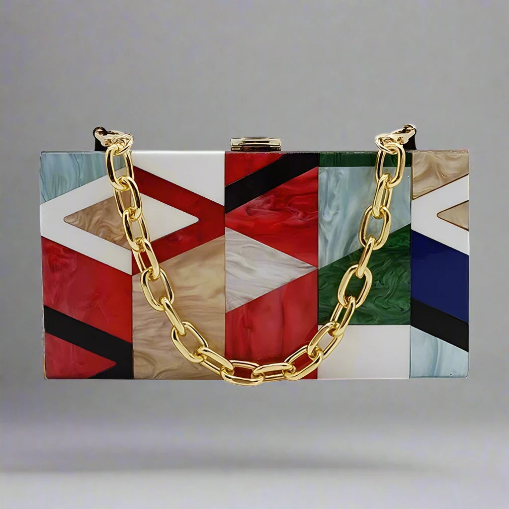 Aurora Glimmer Acrylic Clutch with Gold Chain