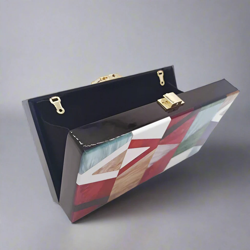 Aurora Glimmer Acrylic Clutch with Gold Chain