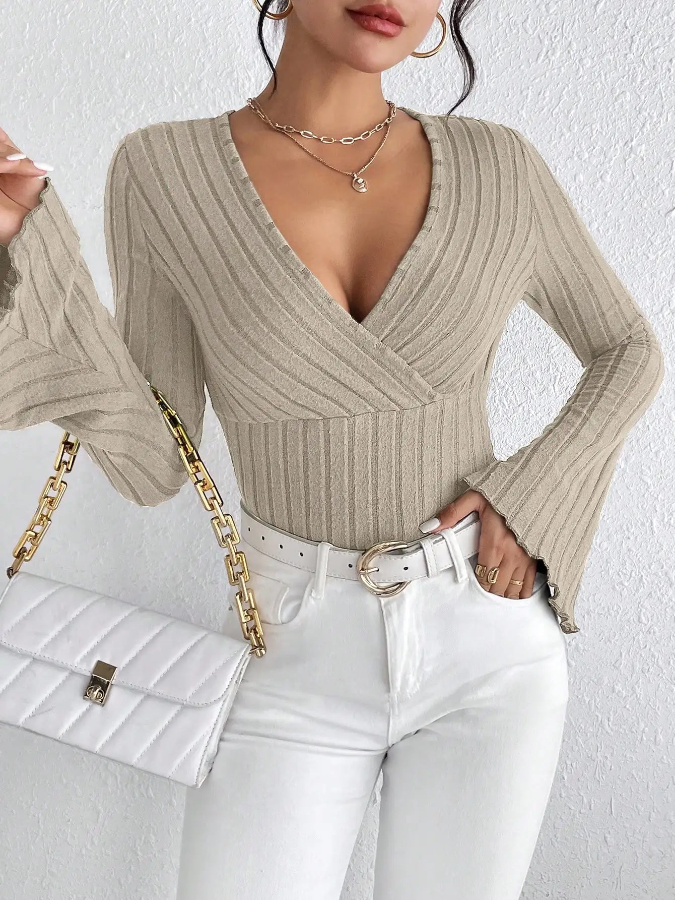 Lila Cozy V-Neck Striped Knit Top in Beige