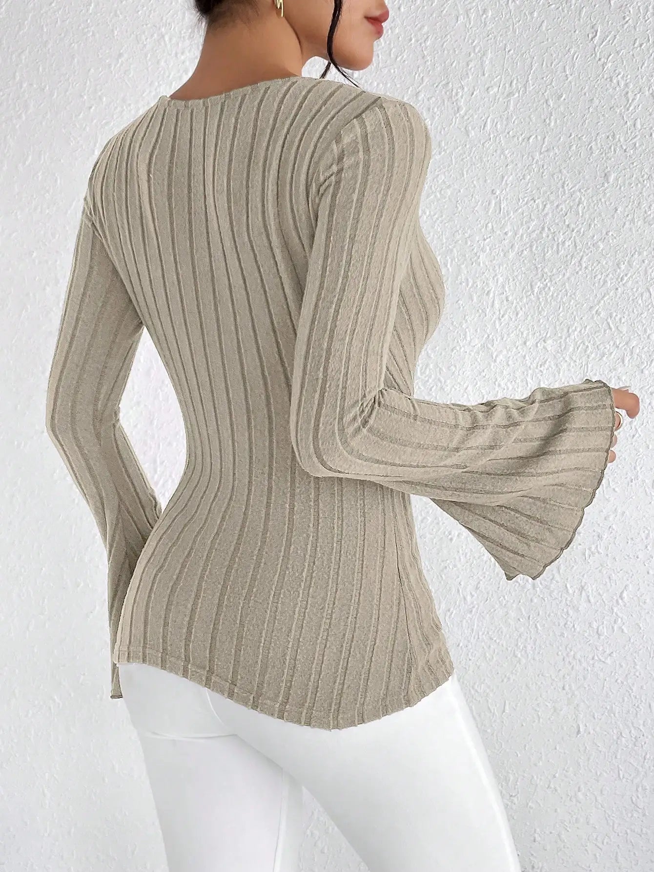 Lila Cozy V-Neck Striped Knit Top in Beige
